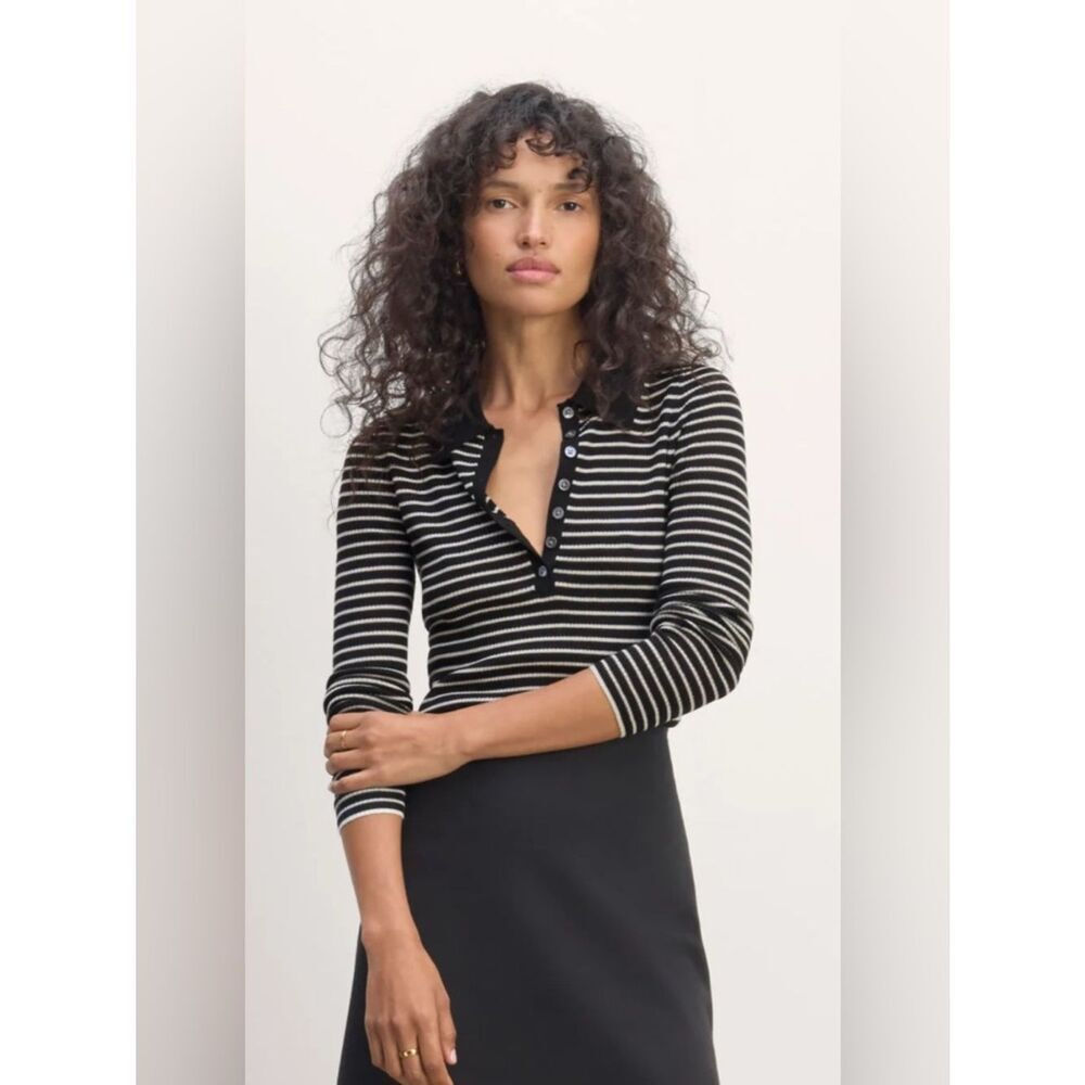New Everlane THE POLO IN ULTRASOFT MERINO in Black/Canvas Size M